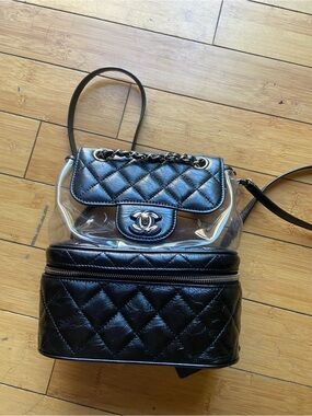 CHANEL Black Quilted Clear Backpack with Chain-Flap and CC Lock